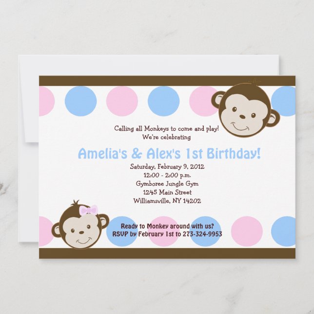 Invitation Mod Singe Twins Rose/Bleu 5x7 Anniversaire (Devant)