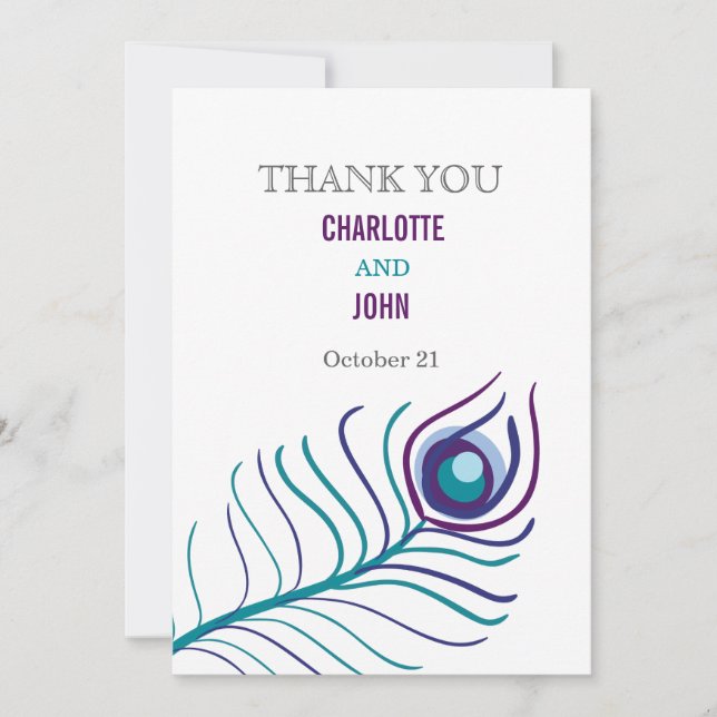 Invitation Mod violet, bleu turquoise paon mariage Merci (Devant)
