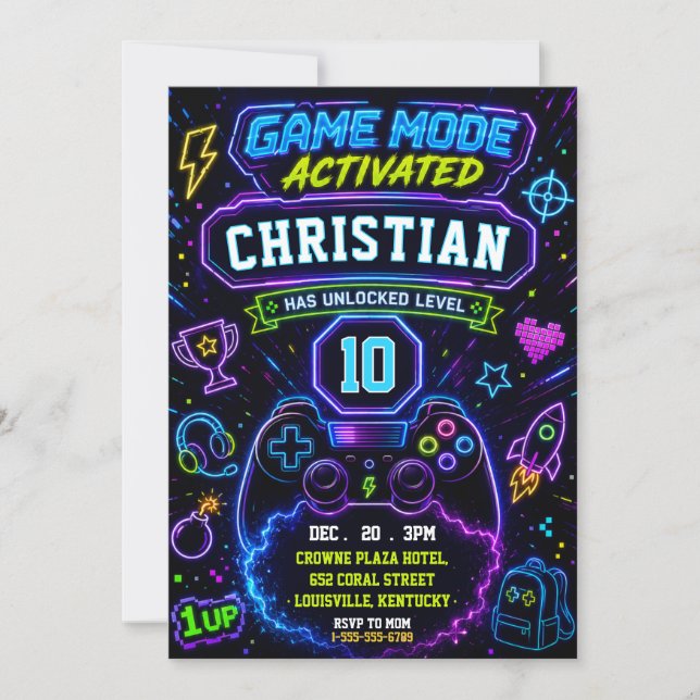 Invitation Mode de jeu néon activé Fête d'anniversaire de jou (Devant)
