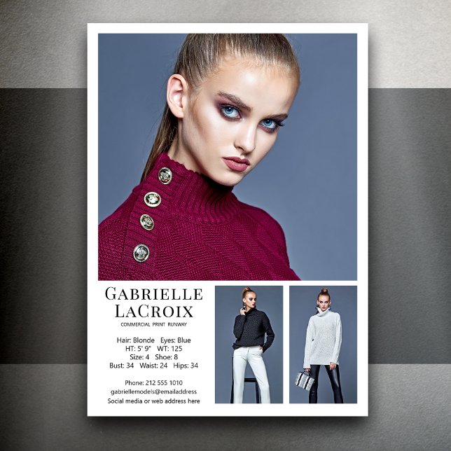 Invitation Modèle Acteur 3 Photo Comp Card Modèle 5x7 blanc (Available in print or instant digital download for quick messaging, email or self printing.)