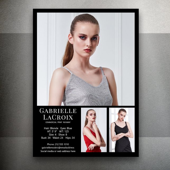 Invitation Modèle Acteur 3 Photo Comp Modèle 5x7 noir (Available in print or instant digital download for quick messaging, email or self printing.)