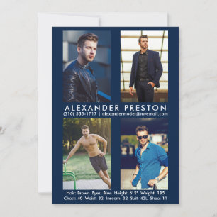 Invitation Modèle Acteur 4 Photo Comp Card 5x7 bleu