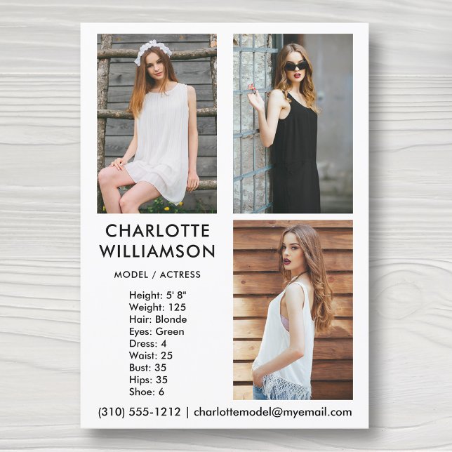 Invitation Modèle Acteur 5x7 Comp Card 3 Photo Blanc (Available in high quality print or digital download for quick messaging, email or self printing.)