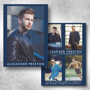 Invitation Modèle Acteur 5x7 Comp Card 4 Photo Retour Bleu