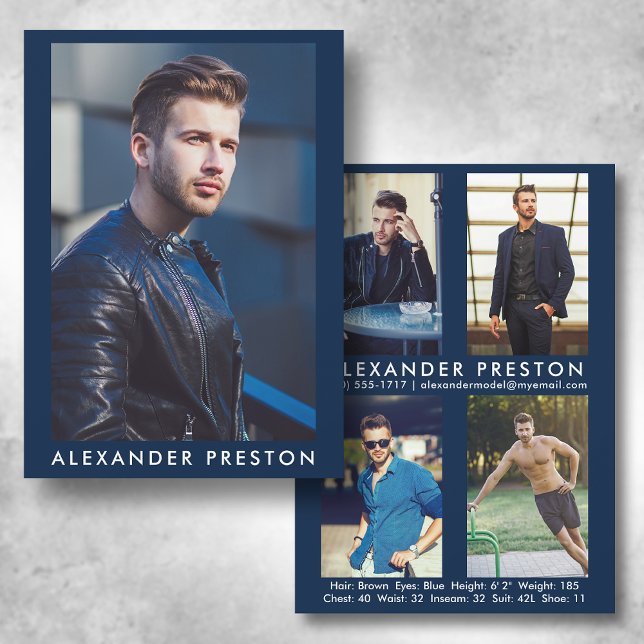 Invitation Modèle Acteur 5x7 Comp Card 4 Photo Retour Bleu (Available in high quality print or digital download for quick messaging, email or self printing.)