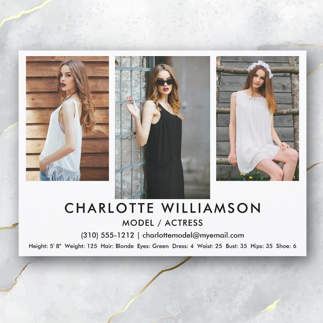 Invitation Modèle Actor Comp Card 5x7 What 3 Photo (Available in high quality print or digital download for quick messaging, email or self printing.)