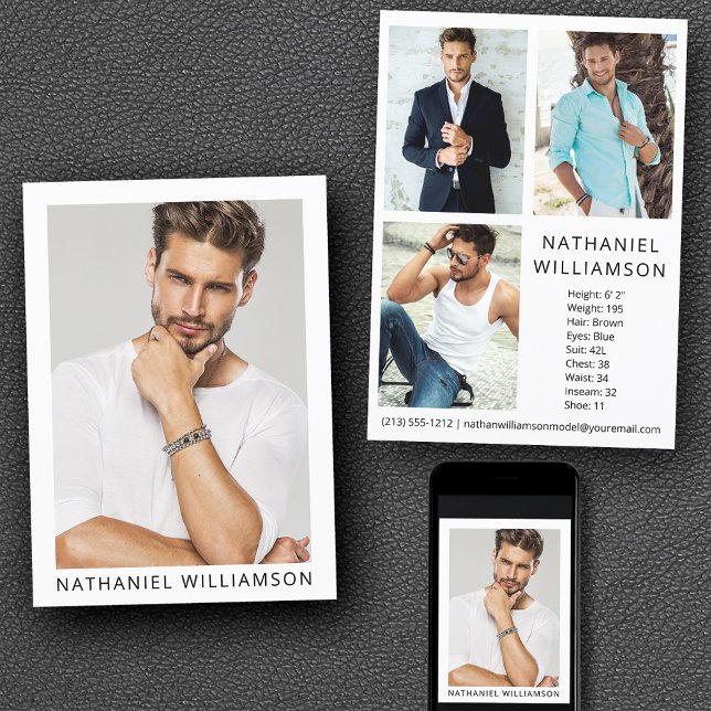 Invitation Modèle Actor Modern Pro 4 Photo Comp Card (Customize to change background color, text size or text style. Available for prints and download.)