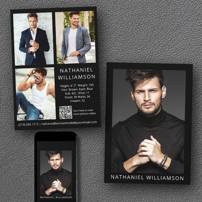 Invitation Modèle Actor QR Code 4 Photos Pro Comp Card (Customize to change background color, text size or text style. Available for prints and download.)