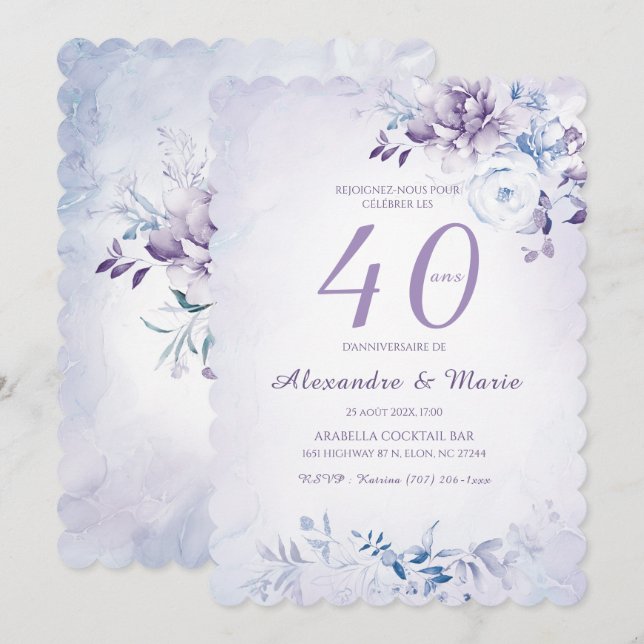 Invitation Modèle Anniversaire 40 ans Couleur Lavande -> Modè (Devant / Derrière)