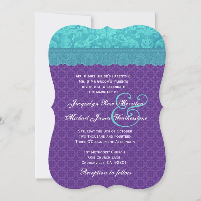 Invitation Modèle Aqua Blue Damask and Purple Mariage A06 (Devant)