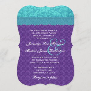 Invitation Modèle Aqua Blue Damask and Purple Mariage A06