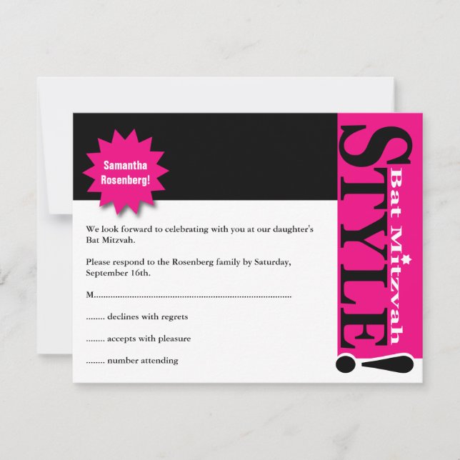 Invitation Modèle! Bat mitzvah Magazine RSVP Reply Card Pink (Devant)