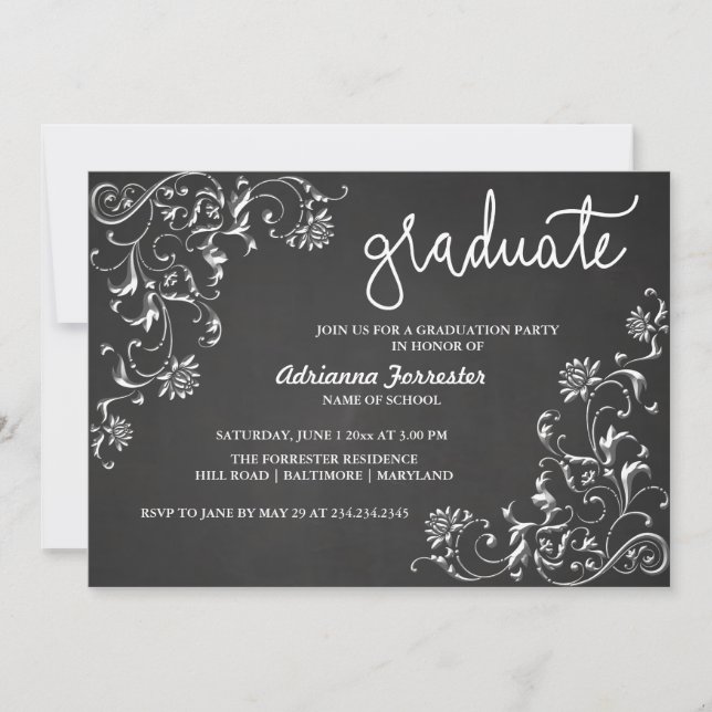 Invitation Modèle Damask de typographie de tableau noir (Devant)
