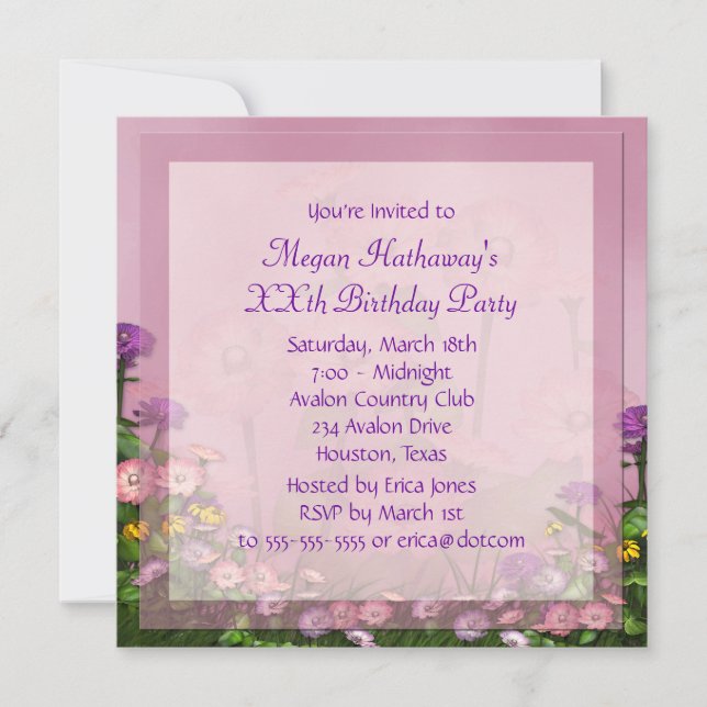Invitation Modèle d'anniversaire avec champ de fleurs roses (Devant)