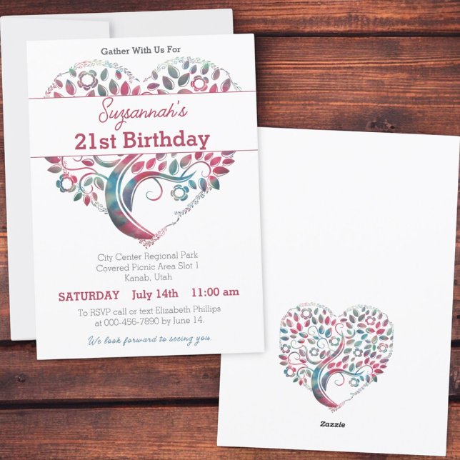 Invitation Modèle d'anniversaire d'arbre en forme de cœur col (Invitation template front and back)