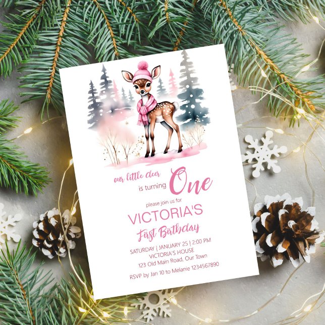 Invitation Modèle d'anniversaire des filles d'hiver des cerfs (Cute deer Winter girls birthday party editable template invitation digital download watercolor)