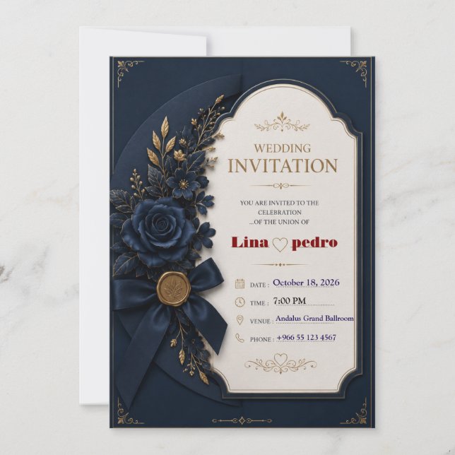 Invitation Modèle de carton d'invitation de mariage bleu et o (Devant)