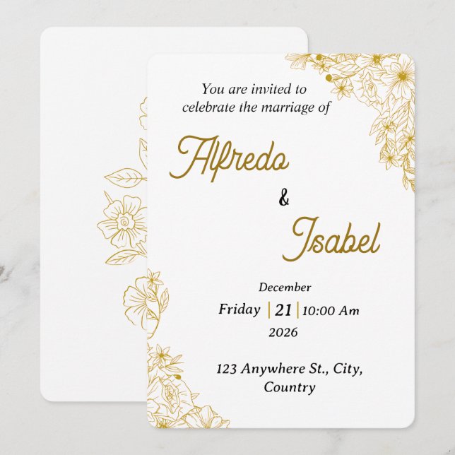 Invitation Modèle de carton d'invitation de mariage floral or (Devant / Derrière)