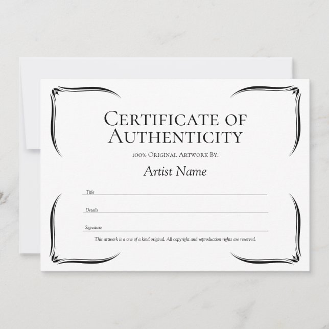 Invitation Modèle de certificat d'authenticité noir et blanc (Devant)