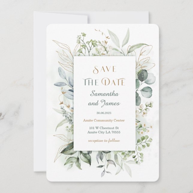 Invitation Modèle de date de sauvegarde or et vert (Devant)