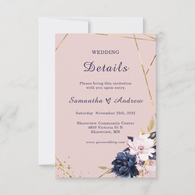 Invitation Modèle de détails de mariage bleu royal et blush (Devant)
