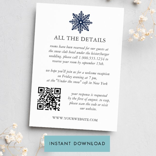 Invitation Modèle de détails de mariage d'hiver Navy Snowflak (Créateur téléchargé)
