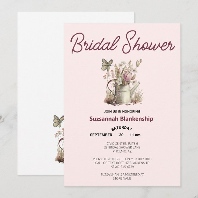 Invitation Modèle de douche de mariée avec arrosoir et papill (Devant / Derrière)