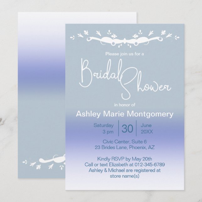 Invitation Modèle de douche de mariée ombré bleu pastel éléga (Devant / Derrière)