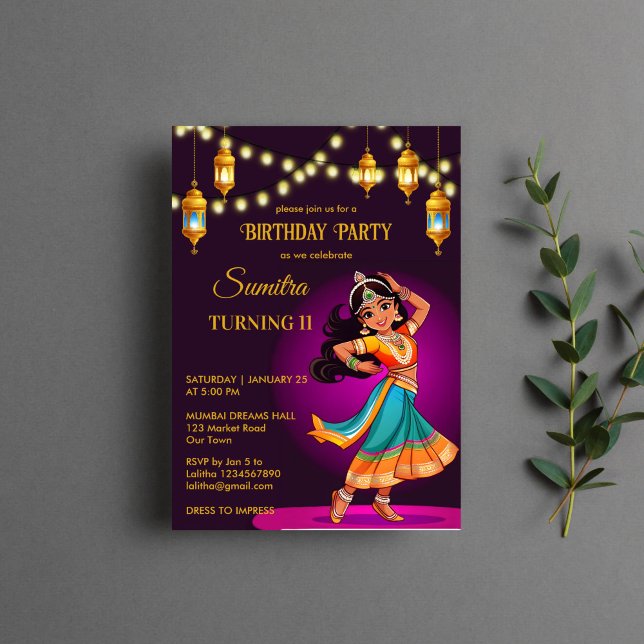 Invitation Modèle de fête d'anniversaire des filles de Bollyw (Indian Bollywood girls birthday party template invitation digital download purple and gold cute girl)