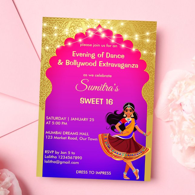 Invitation Modèle de fête d'anniversaire des filles de Bollyw (Indian Bollywood girls birthday party template invitation digital download Indian style party invite)
