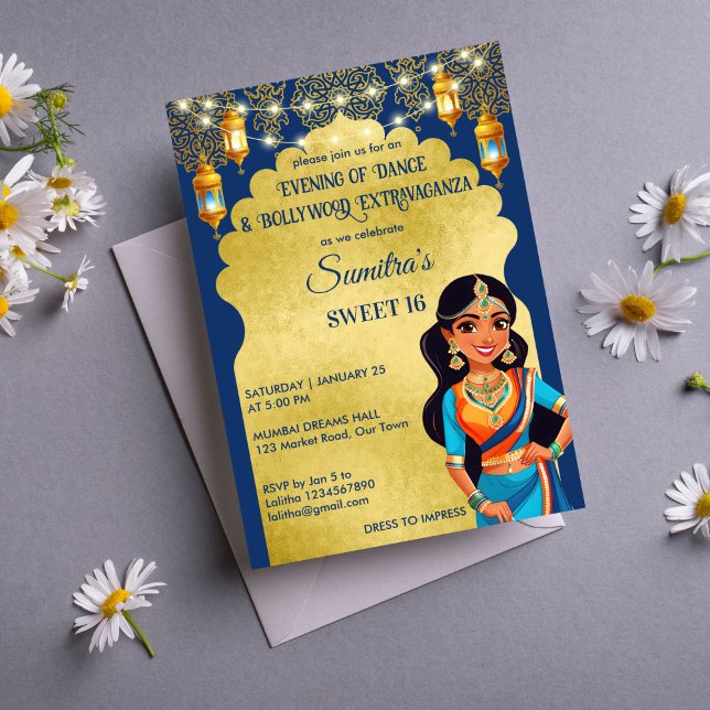 Invitation Modèle de fête d'anniversaire des filles de Bollyw (Indian style Bollywood girls birthday party template invitation digital download blue and gold)
