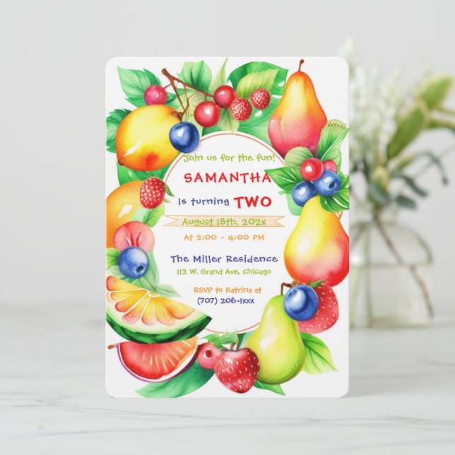 Invitation Modèle de fête d'anniversaire Twotti Frutti (Debout devant)