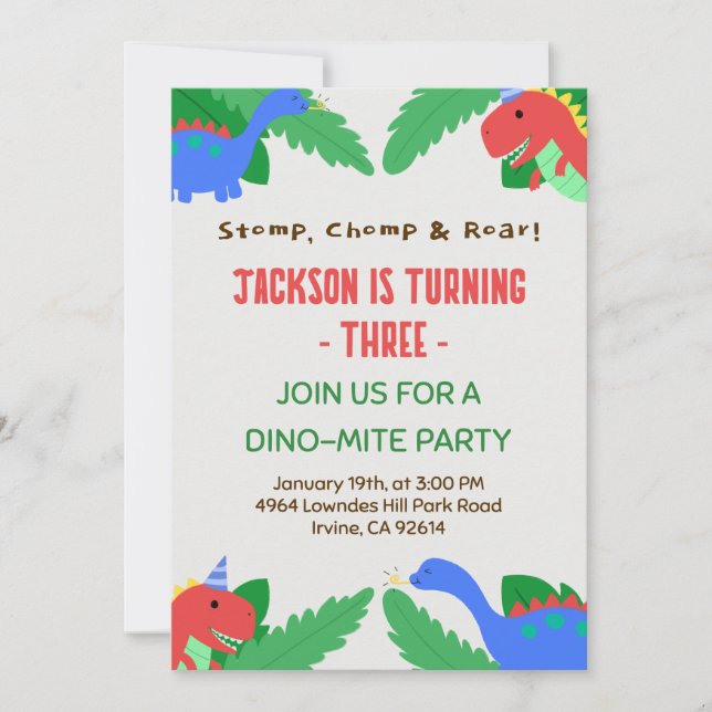 Invitation Modèle de fête de dinosaure amusant pour enfants (Devant)