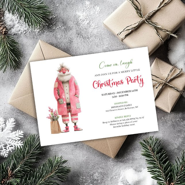 Invitation Modèle de fête de Noël drôle de Père Noël rose mod (Modern Pink Santa Funny Christmas Party Template)