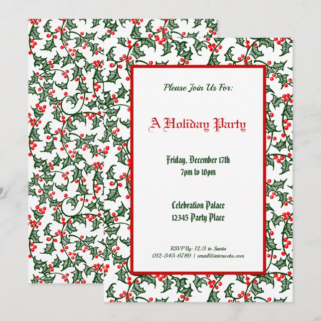 Invitation Modèle de fête de vacances avec houx vert éditable (Devant / Derrière)