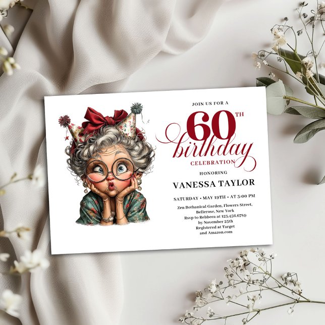 Invitation modèle de fête pour les 60 ans de Funny (Funny Lady 60th Birthday Invite Party Template)