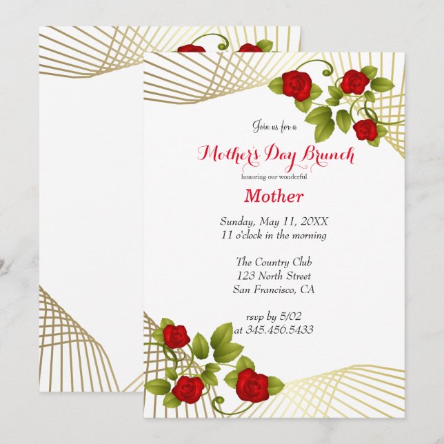 Invitation Modèle de fleurs de rose rouge avec accent doré (Devant / Derrière)