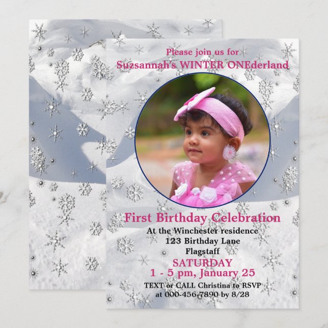 Invitation Modèle de flocon de neige pour le 1er anniversaire (Devant / Derrière)