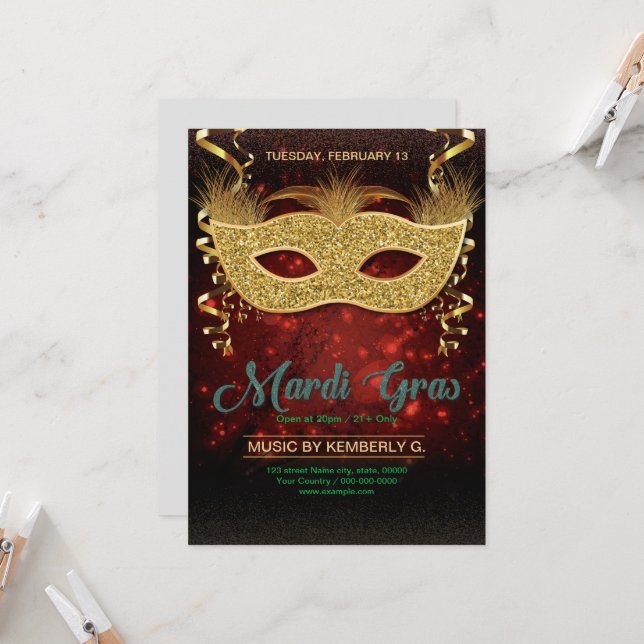 Invitation Modèle de Flyer pour la Fête de Mardi Gras  (Devant/Arrière en situation)