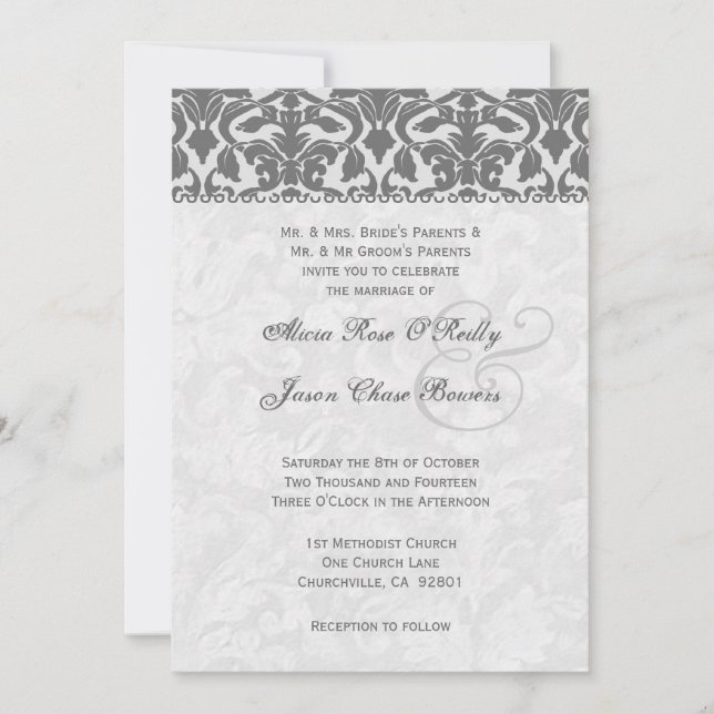 Invitation Modèle de Grey and Silver Mariage damassé (Devant)