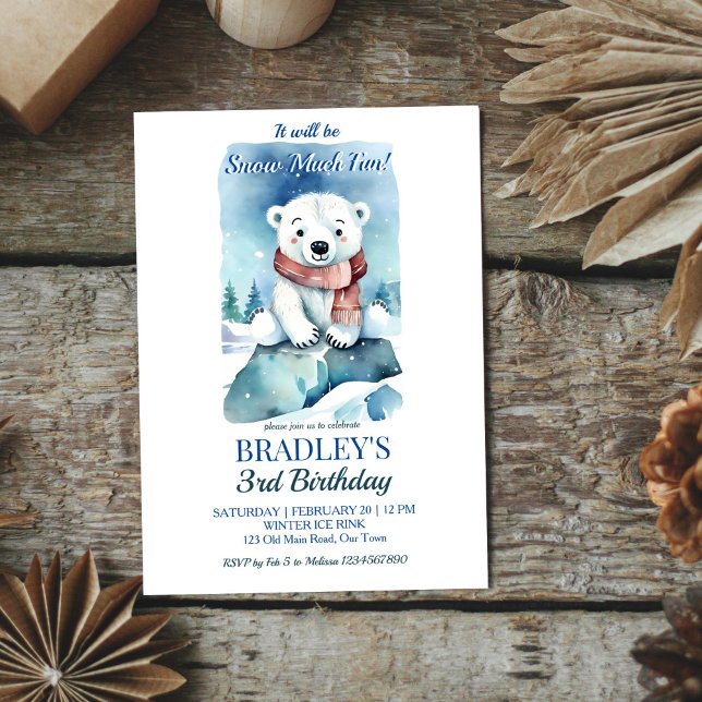 Invitation Modèle de la fête d'anniversaire d'hiver de l'ours (Polar bear winter birthday party editable template invitation digital download cute cube on ice rock)