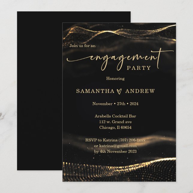 Invitation Modèle de la partie d'engagement noir et or (Devant / Derrière)