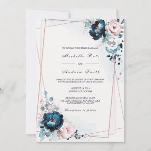 Invitation Modèle de Mariage bleu et Rose de la marine