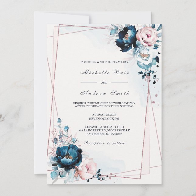 Invitation Modèle de mariage bleu marine et or rose (Devant)