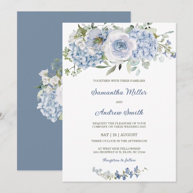 Invitation Modèle de mariage bleu poussiéreux élégant (Devant / Derrière)