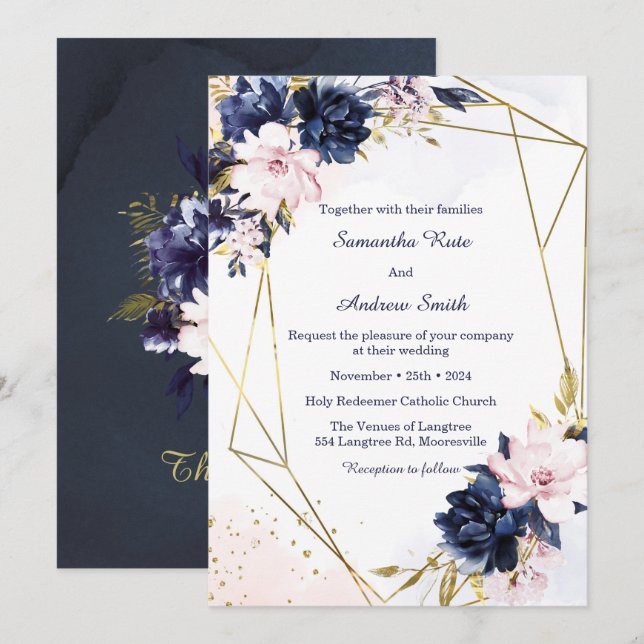 Invitation Modèle de mariage bleu royal et blush (Devant / Derrière)