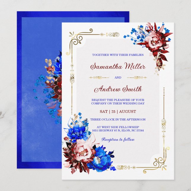 Invitation Modèle de mariage bleu royal et burgundy (Devant / Derrière)