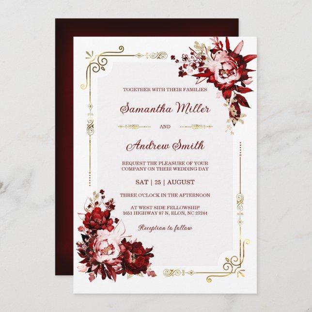 Invitation Modèle de Mariage de Bourgogne et d'or modifiable (Devant / Derrière)