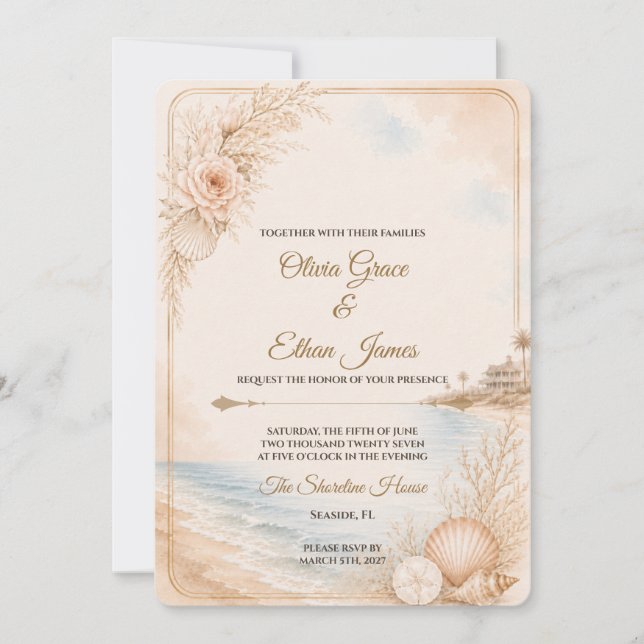 Invitation Modèle de mariage de plage à l'aquarelle modifiabl (Devant)