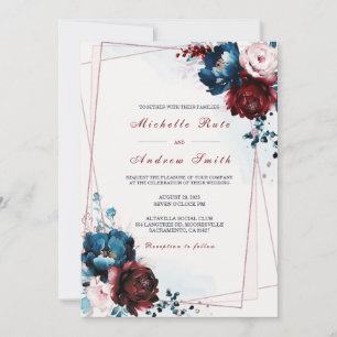 Invitation Modèle de Mariage d'or Rose et bleu marine